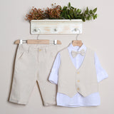 Completo In Lino Elegante Bermuda+Gilet+Camicia+Papillon