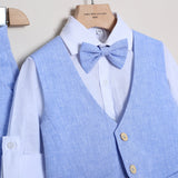 Completo In Lino Elegante Bermuda+Gilet+Camicia+Papillon